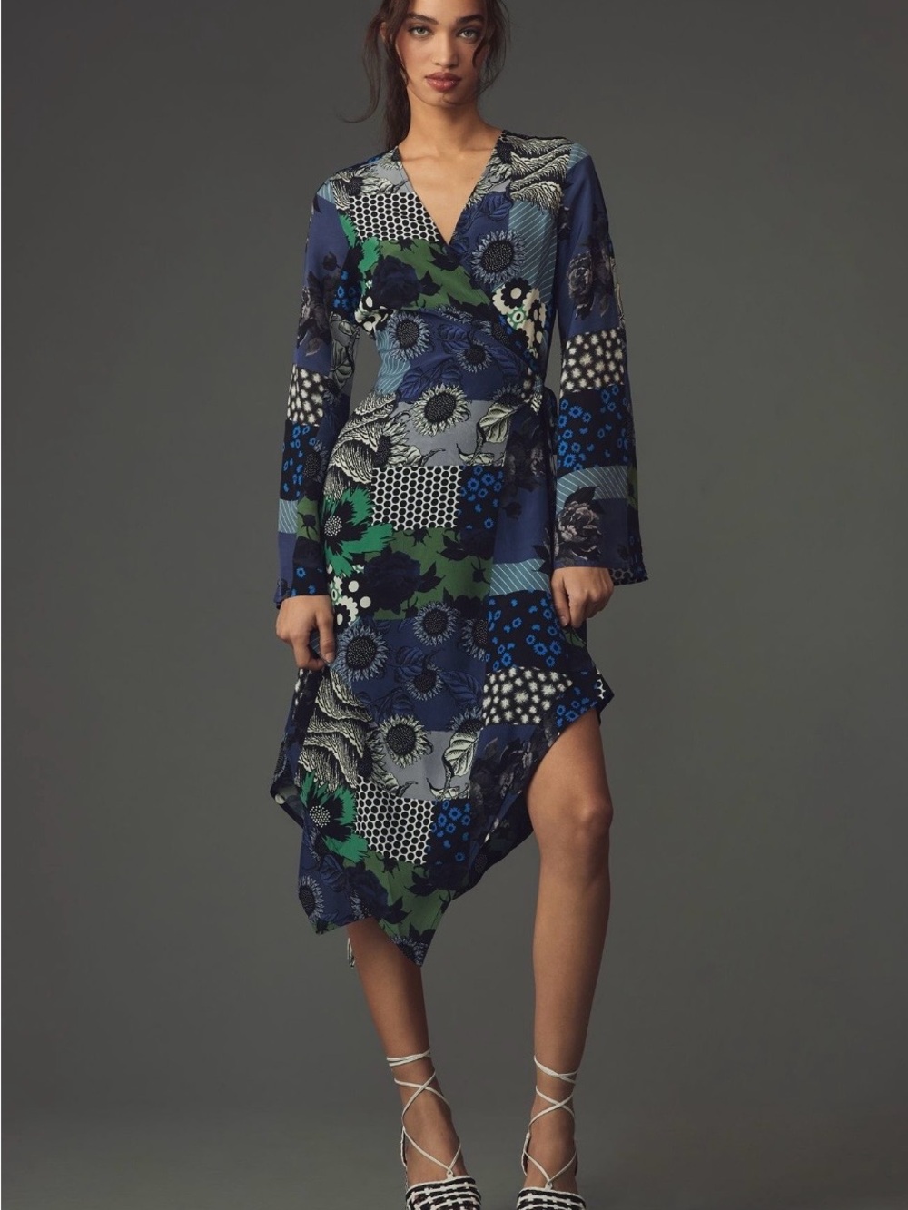 Asymmetrical Patchwork Floral Wrap Dress in Blue and Green